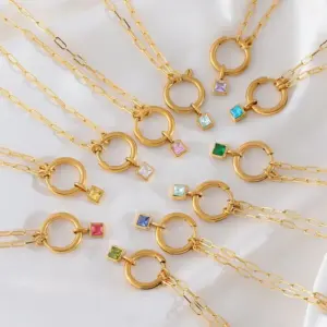 Wholesale Fashion Colorful Zodiac Stone Square Pendant Micro Inlaid Zircon Pin Stainless Steel Necklace Unisex Geometric Pattern Jewelry