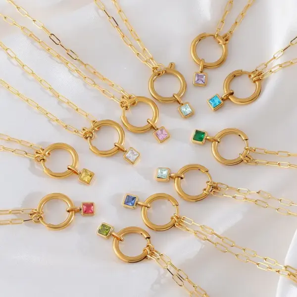 Wholesale Fashion Colorful Zodiac Stone Square Pendant Micro Inlaid Zircon Pin Stainless Steel Necklace Unisex Geometric Pattern Jewelry
