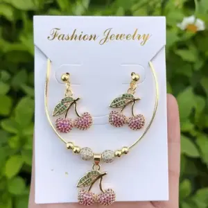 Cherry Earrings and Necklace Set (Gold) / 1 Set/Package