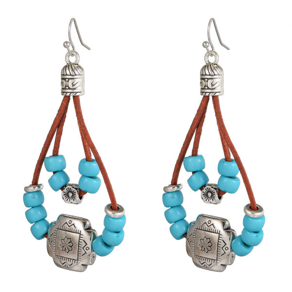 oly-3ea352069d68ef1c9eafe609823f7b96 Wholesale Vintage Ethnic Style Ancient Silver Flower Earrings for Women Bohemian Simple Double Layer Turquoise Beaded Leather Rope Earrings Earrings