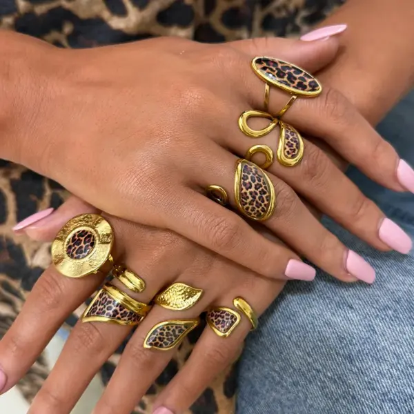 Adjustable Open Ring Stainless Steel Gold Plated Hollow Out Geometric Design Fashion Jewelry Accessory For Ladies Leopard Print