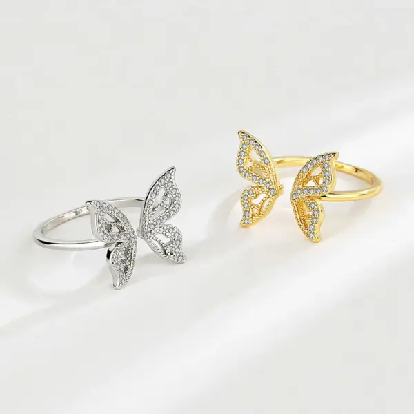 Shiny Butterfly Copper Gold Plated Silver Plated Zircon Open Ring In Bulk