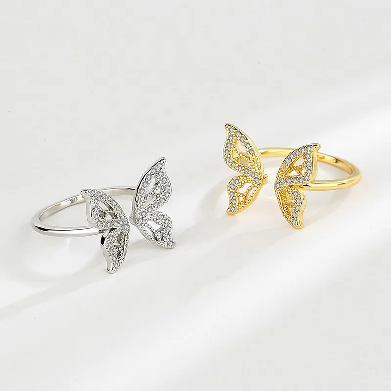 Wholesale Shiny Butterfly Copper Gold Plated Sier Plated Zircon Open Ring In Bulk