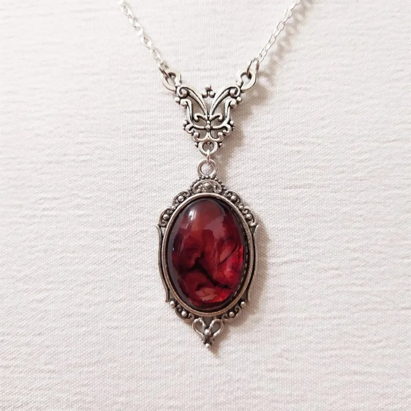 Wholesale Cross-border Hot Sale Brand New Retro Red Quartz Crystal Necklace Sier Plated Fashion Jewelry Pendant Necklace