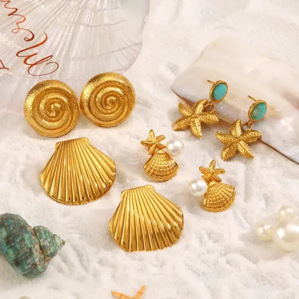 Wholesale Ion Plating (IP) 18K Gold Plated Starfish Shell 304 Stainless Steel Beach Waterproof Non Tarnish Rings Earrings