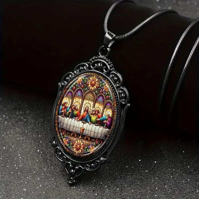 Wholesale Last Sper Pattern and Cross Pattern Black Frame Glass Necklace Romantic Gift Jewelry suit
