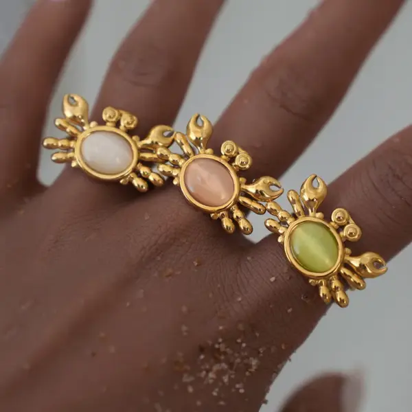 Wholesale Ion Plating (IP) Real Gold Plated 18K Gold Crab 304 Stainless Steel Cat's Eye Stone Vacation Marine Style Waterproof Non Tarnish Open Rings