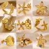 Wholesale PVD Coated Real Gold Plated Starfish Shell 304 Stainless Steel Beach Simple Style Waterproof Non Tarnish Open Rings