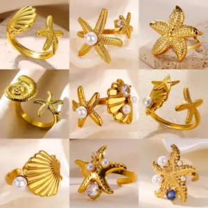 Wholesale PVD Coated Real Gold Plated Starfish Shell 304 Stainless Steel Beach Simple Style Waterproof Non Tarnish Open Rings