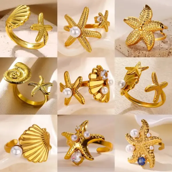 Wholesale PVD Coated Real Gold Plated Starfish Shell 304 Stainless Steel Beach Simple Style Waterproof Non Tarnish Open Rings