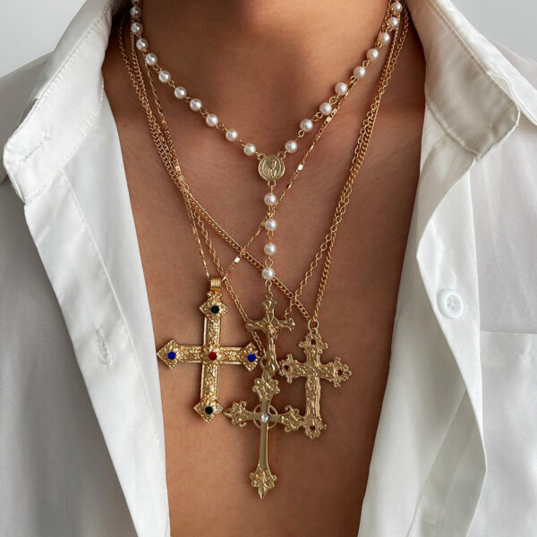 Wholesale European and American Cross-border Pendant Necklace Men's Trendy Hip-hop Niche Stitching Pearl Clavicle Chain Cross-border Men's Jewelry