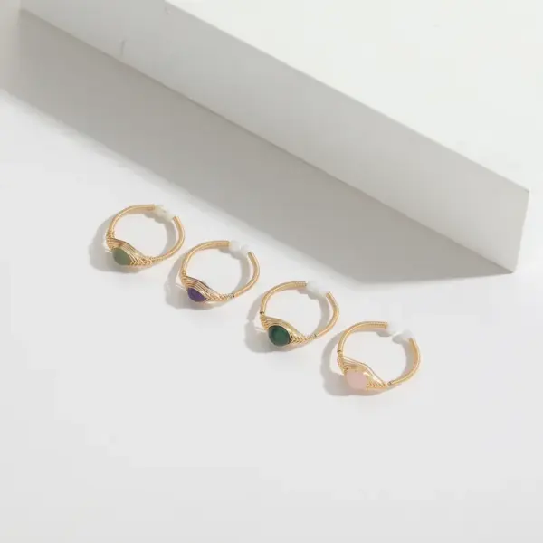Wholesale Retro Round Natural Stone Copper 14k Gold Plated Rings