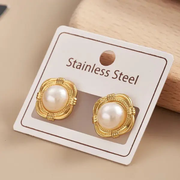 Wholesale 304 Stainless Steel Geometric Square Electroplating Imitation Pearl Golden Plated IG Style Casual Polishing Hollow Out Inlay Ear Studs