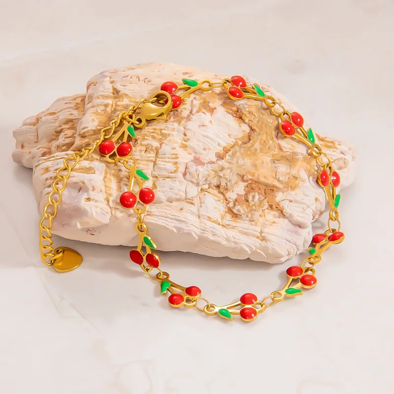 Wholesale PVD Coated Real Gold Plated 18K Gold Cherry 304 Stainless Steel Sweet Waterproof Non Tarnish 304 Stainless Steel Lobster Trier Clasp Closure Bracelets