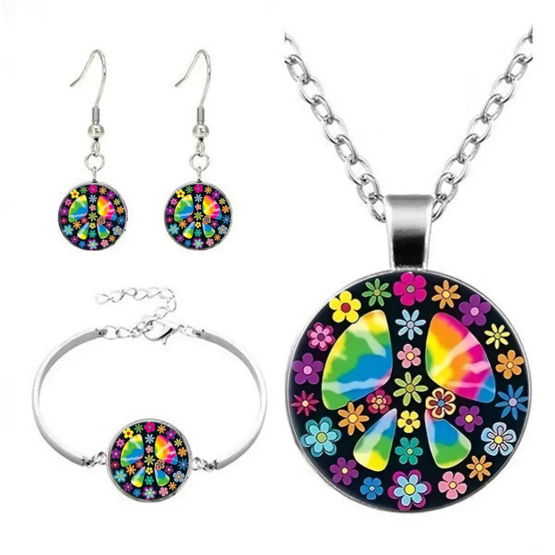 Wholesale Peace logo pattern necklace suit women's cross-border European and American fashion sier bracelet earrings jewelry three-piece set