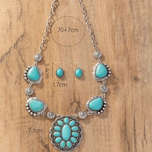 Wholesale Cross-Border European and American Retro Special-Shaped Necklace Turquoise Earrings Western Style Exaggerated Turquoise Necklace Jewelry Set