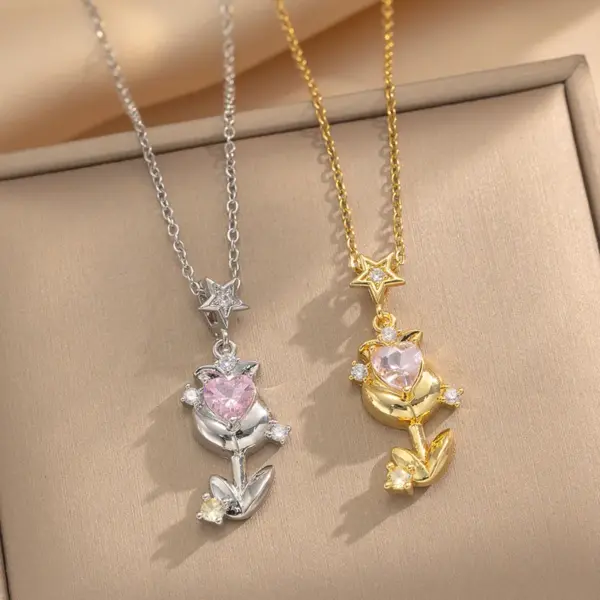 Wholesale PVD Coated Real Gold Plated 18K Gold Moon Rose Stainless Steel Vacation Classic Style Waterproof Non Tarnish Titanium Steel Pendant Necklace