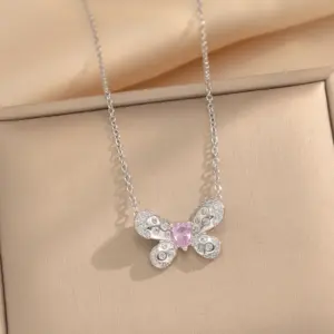 436 Silver Pink Diamond Butterfly Necklace