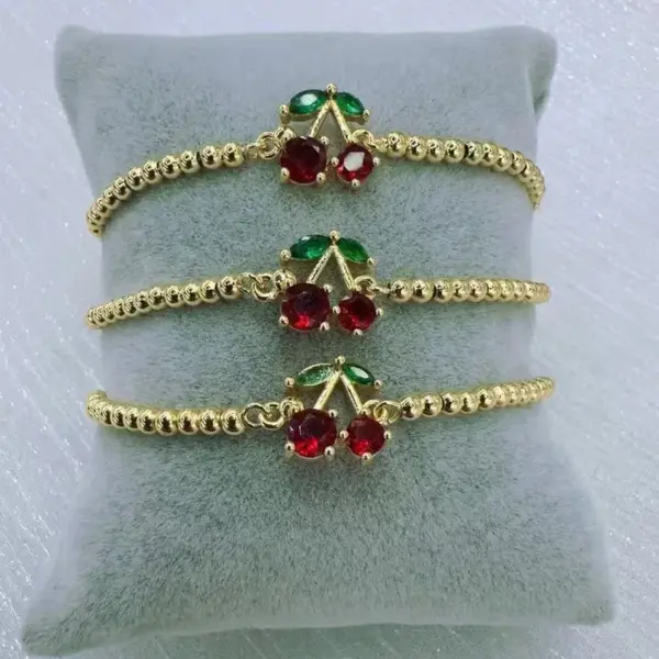 Wholesale Jewelry Cute Sweet Artistic Cherry Copper Zircon 18K Gold Plated Inlay Beaded Chain Bracelets