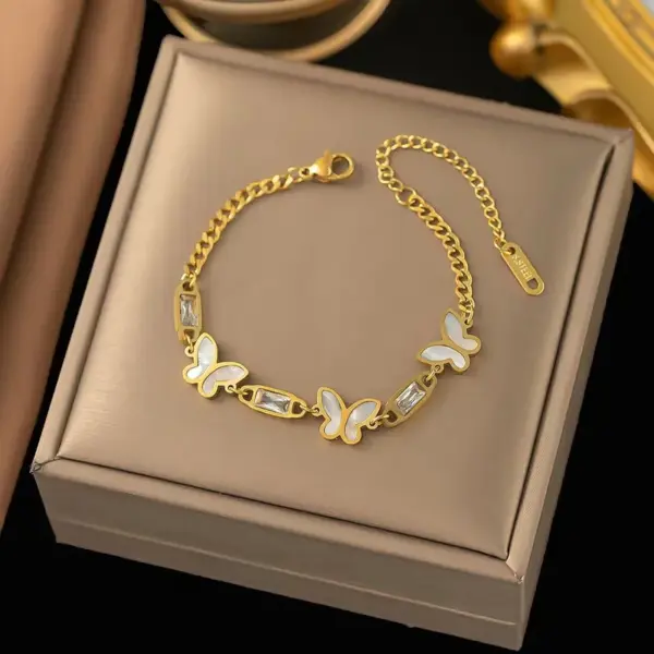 Wholesale Lady Butterfly Titanium Steel Plating Inlay Freshwater Pearl Bracelets