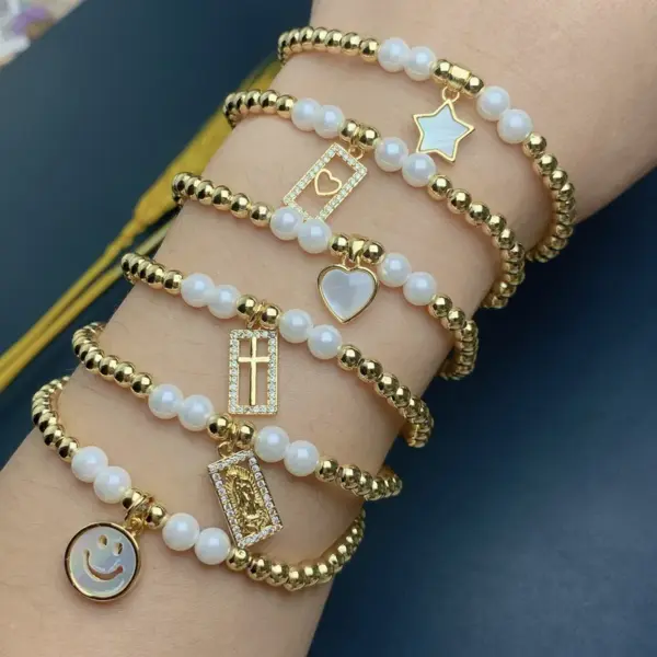 Wholesale Fashion Star Heart Shape Smile Face Copper Inlay Artificial Pearls Shell Zircon Bracelets