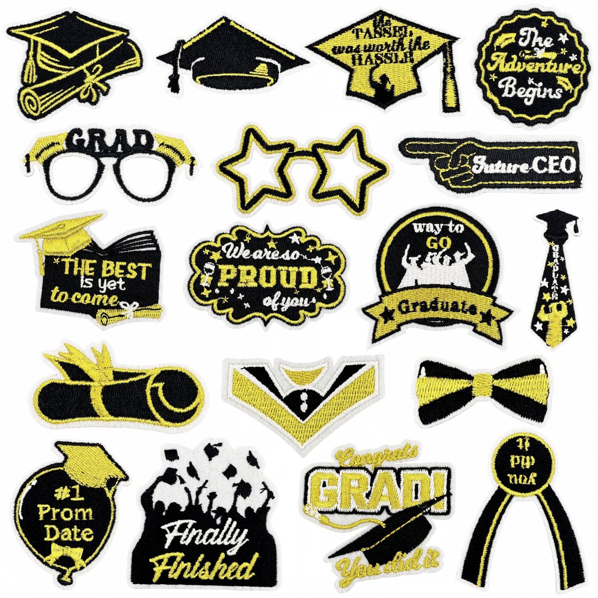 Wholesale Current Cartoon Black and Gold Graduation Season Embroidered Fabric Patches, Decorative Badges, Labels, Clothing Aessories, Ironing Hot Melt