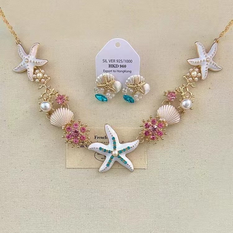 Wholesale European and American Style Exaerated Color Starfish Shell Pearl Necklace Women's Bohemian Seaside Holiday Necklace Clavicle Chain