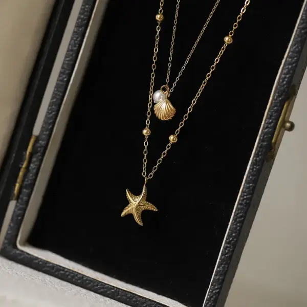 Wholesale 304 Stainless Steel Plastic Geometric Starfish Shell Ion Plating (IP) 18K Gold Plated Cute Vintage Style Vacation Waterproof Non Tarnish Double Layer Necklaces