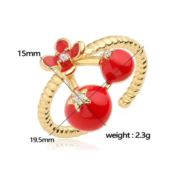 Wholesale Jewelry Casual Elegant Sweet Cherry Strawberry Copper Zircon 18K Gold Plated Enamel Plating Inlay Open Rings