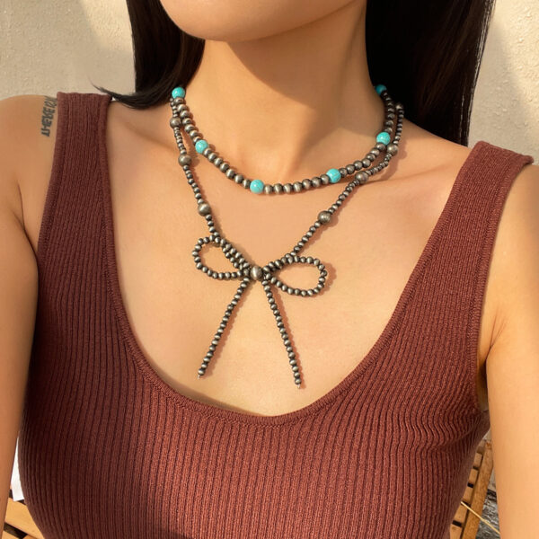 Wholesale European and American Bohemian Handmade Necklace with Turquoise Bow Cross-border Navajo Style Beaded Ethnic Necklace