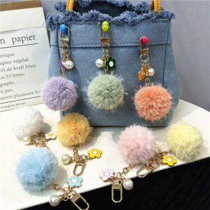 Wholesale Small Fresh Flower Fur Ball Car Keychain Colorfulful Candy Ball Pearl Bag Pendant Earphone Set Bag Pendant Accessories