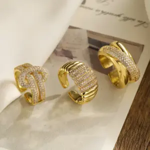 Wholesale Casual Modern Style Geometric Copper Plating Inlay Zircon 18k Gold Plated Open Rings