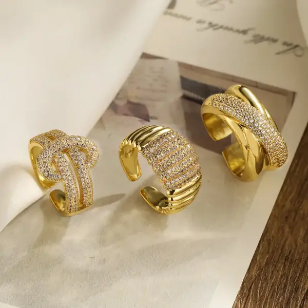 Wholesale Casual Modern Style Geometric Copper Plating Inlay Zircon 18k Gold Plated Open Rings