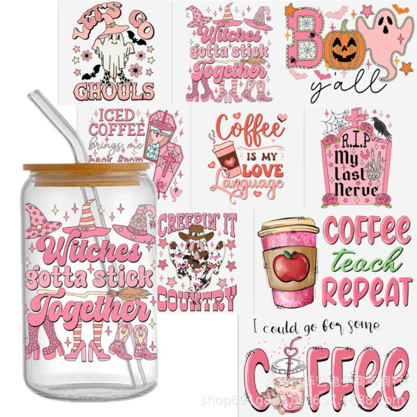 Wholesale Halloween Skull Milk Tea Coffee 16oz Cup UV DTF Wraps