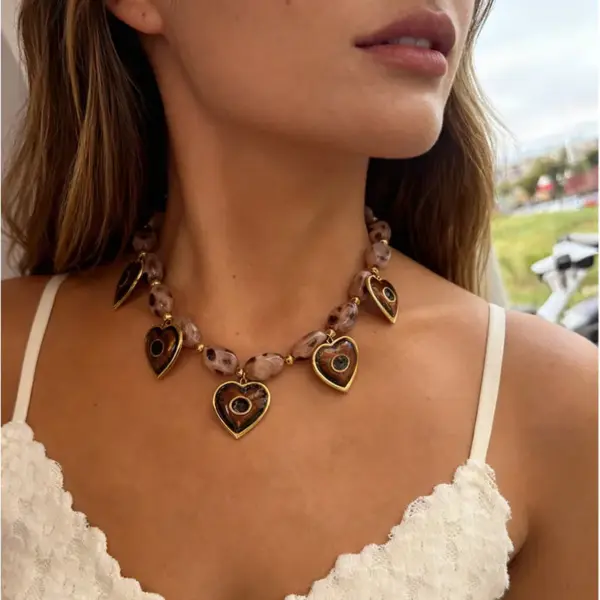 Wholesale 1 Piece Fashion Retro Stainless Steel Big Heart Resin Ball Bead 18K Gold Waterproof Non-Fading Women's Melad Style Autumn Winter Necklace