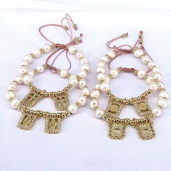 Wholesale Fashion Portrait Faith Cross Copper Gold Plated Zircon Bracelets In Bulk
