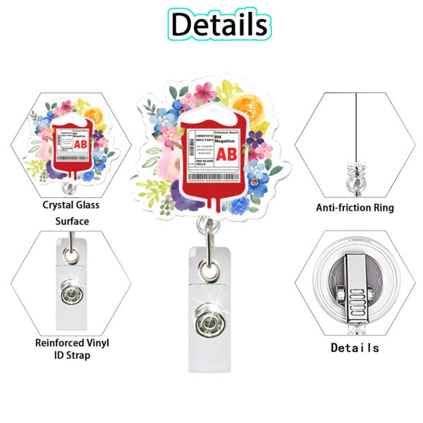 Wholesale Acrylic Flower Infusion Bag Teachers Students Blood Type Easy Pull Buckle Stretchable Badge Reel ID Buckle Medical Nurse
