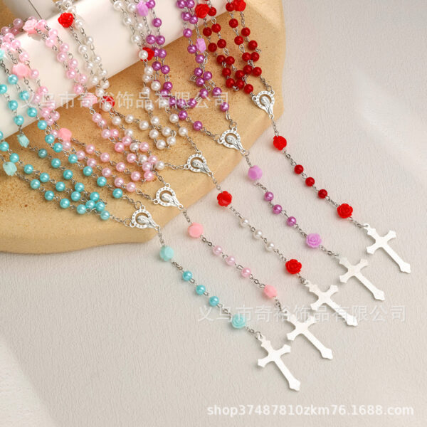 Wholesale 6mm8mm imitation pearl and resin rose cross necklace