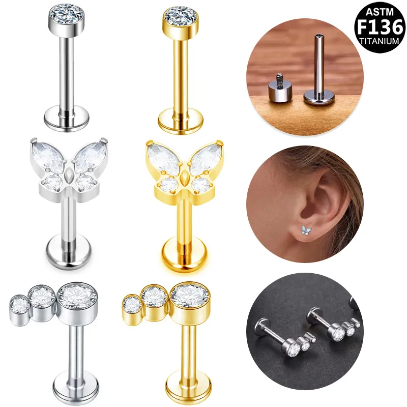 Wholesale 1 Piece Lip Rings Simple Style Shiny Panda Glasses Pure Titanium Titanium Alloy Zircon 14K Gold Plated White Gold Plated Lip Rings Ear Carti