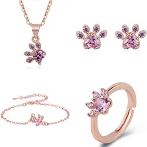 Wholesale Sweet Paw Print Copper Plating Inlay Zircon Rose Gold Plated Rings Earrings Necklace