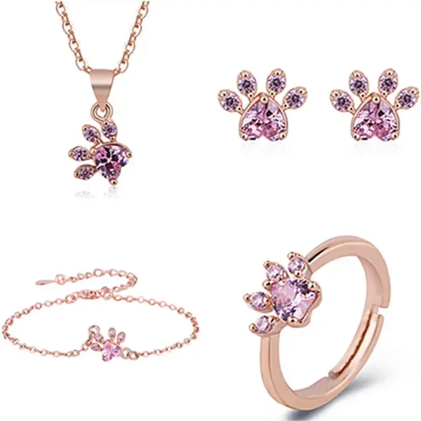 Wholesale Sweet Paw Print Copper Plating Inlay Zircon Rose Gold Plated Rings Earrings Necklace