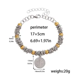 Gold and silver color / 17+5cm / Gold Bead Circle Saint Benedict Bracelet