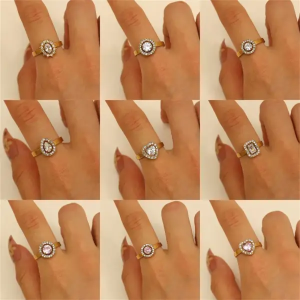 Wholesale Adjustable Open Stainless Steel Ring Geometric Heart Waterdrop Design White Pink Zirconia Embedded Fashionable Unisex Ring