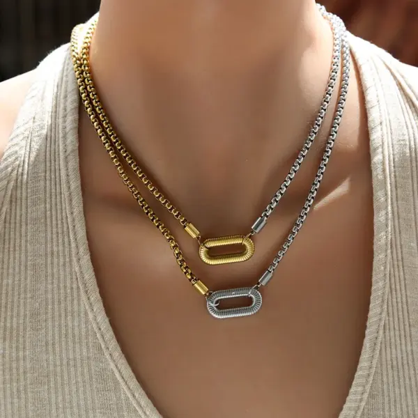 Wholesale Casual Stainless Steel 18K Gold Plated Square Pearl Chain Necklace U-Shaped Pendant Mixed Metal Design Unisex Lobster Clasp