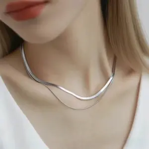 X0490-Double Layer Snake Bone Chain-Necklace-Steel Color