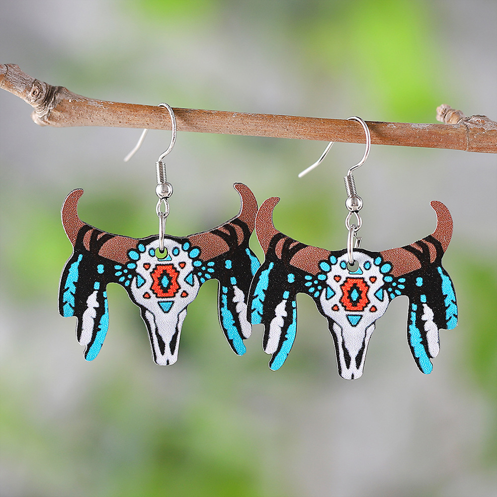 Wholesale Western ethnic style bull head wooden double-sided earrings