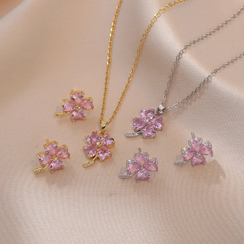 Wholesale Casual Simple Style Four Leaf Clover Heart Shape Titanium Steel Inlay Zircon Earrings Necklace