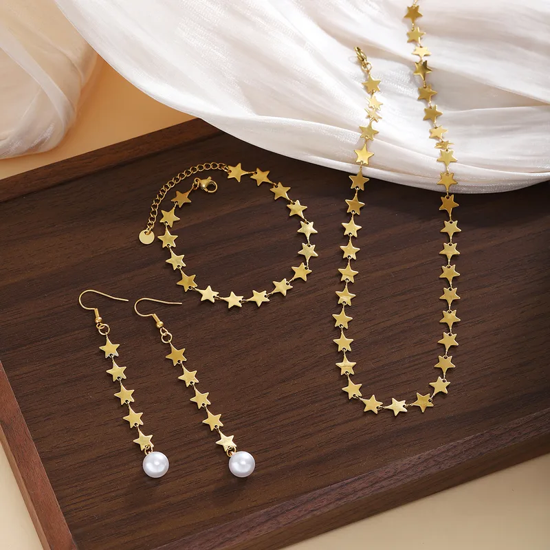Wholesale 304 Stainless Steel ABS Star PVD Coated Stone-Free 18K Gold Plated Casual Cute Preppy Style Handmade Chain Bracelets Earrings Necklace