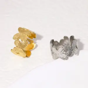 Wholesale PVD Coated Real Gold Plated 18K Gold Butterfly 304 Stainless Steel IG Style Cute Waterproof Non Tarnish Open Rings