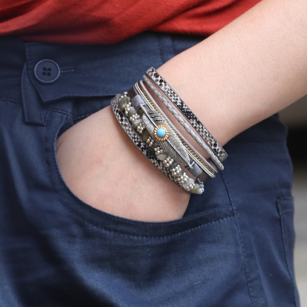 Wholesale Vintage Feather Blue Turquoise Gravel Multi-Layer Leather Bracelet